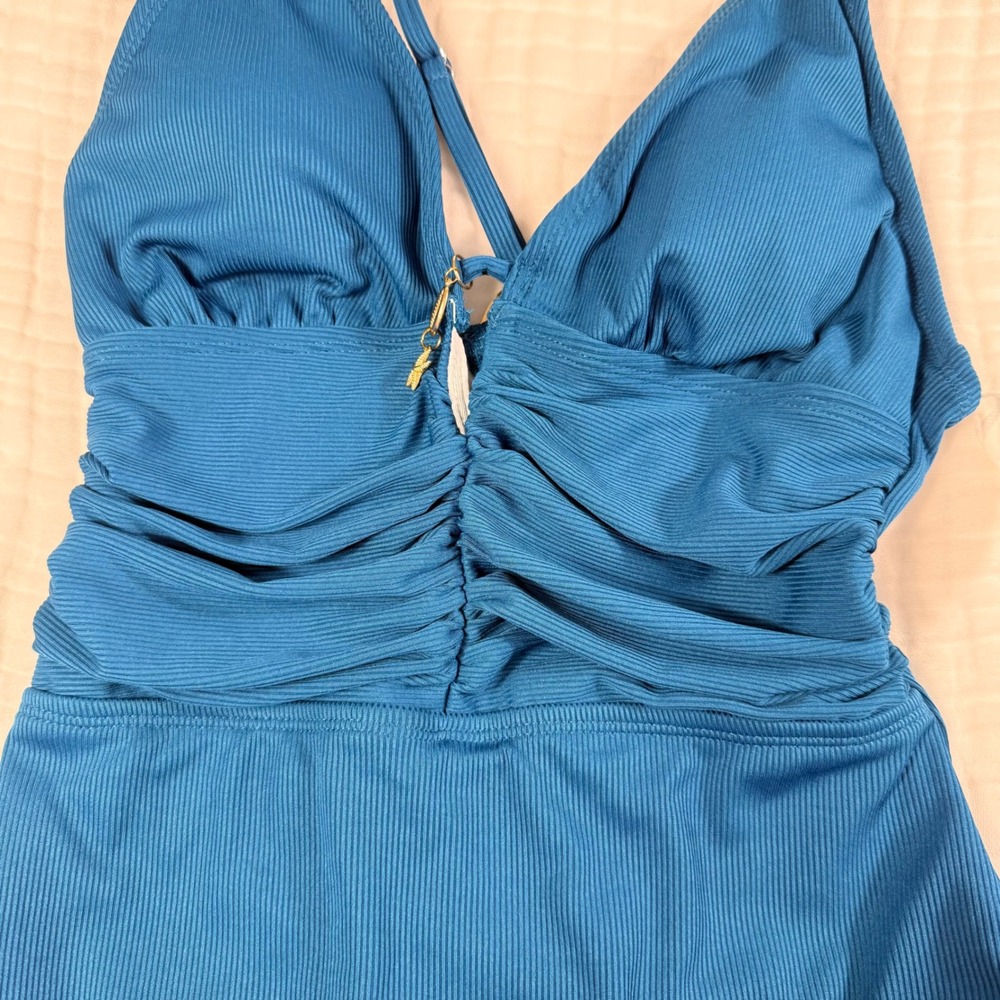 Cupshe One Piece Swimsuit S Teal Blue Ribbed Ruched Starfish Charm Cutout Back - Picture 10 of 15